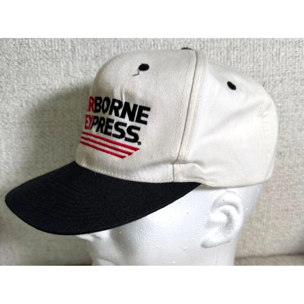 Vintage 1980s‎ AIRBORNE EXPRESS Adjustable Trucker Hat White Cotton Black Bill